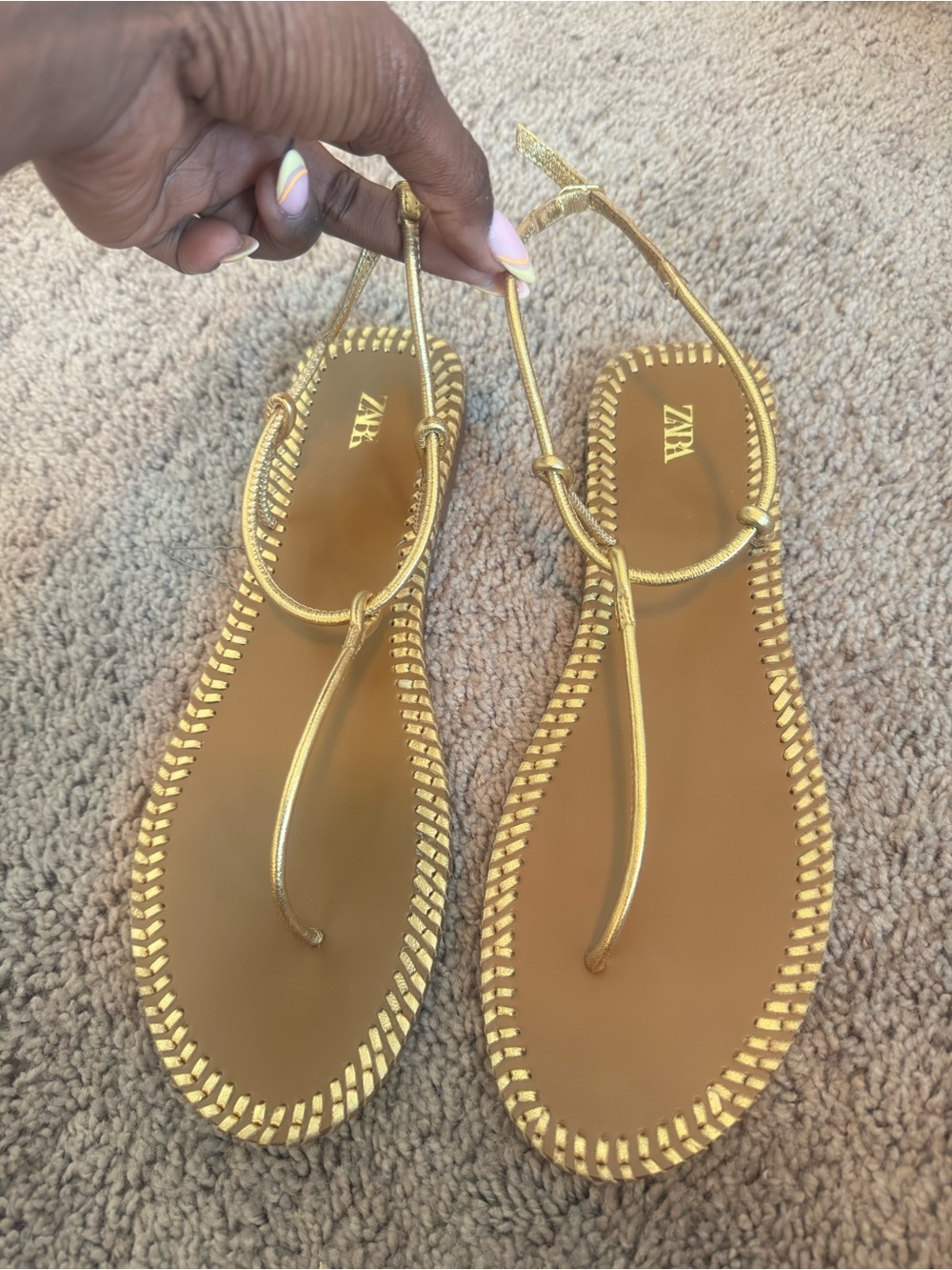 Zara Metallic Gold T-Strap Sandals